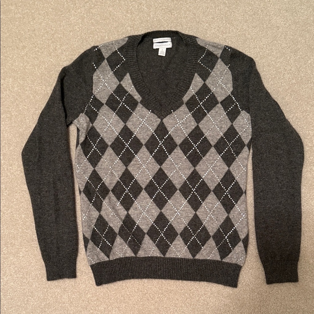 Charter Club Cashmere Argyle V-Neck Sweater Grey w/ Sequins Women’s Small